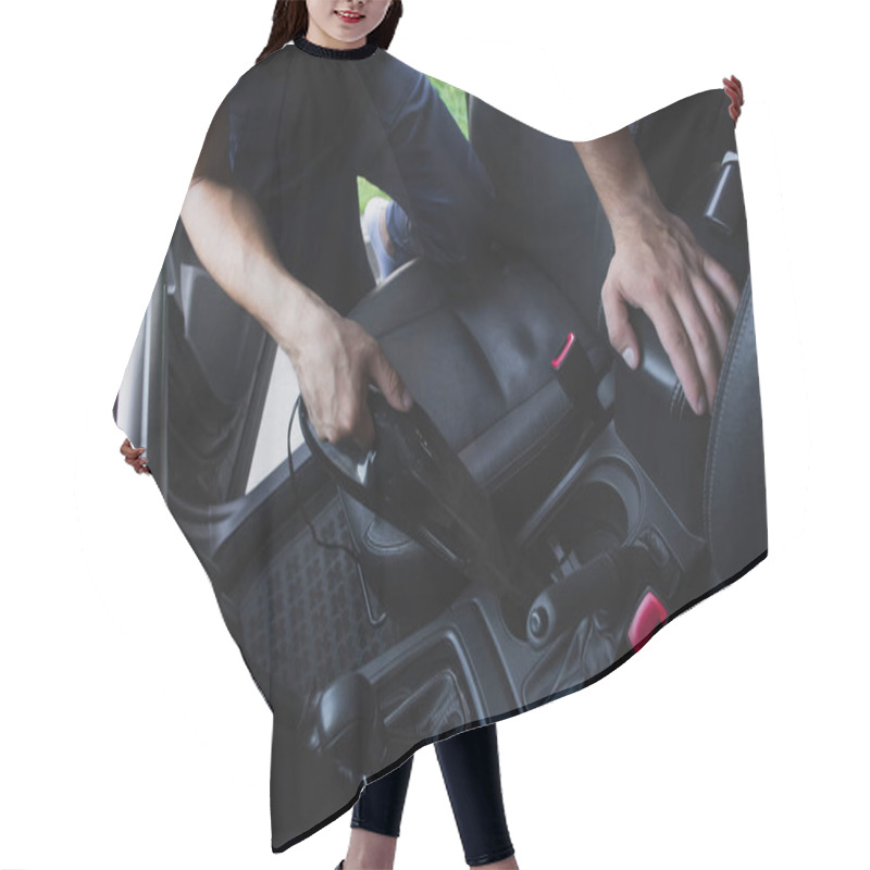 Personality  Cropped View Of Car Cleaner Vacuuming Car Interior  Hair Cutting Cape