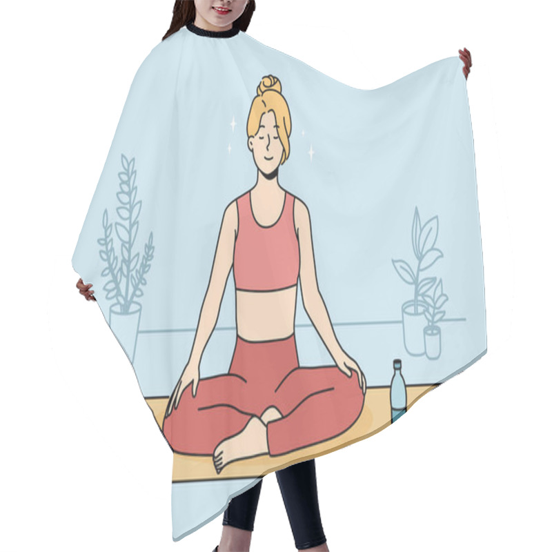 Personality  Calm Young Woman In Sportswear Sitting On Mat Practicing Yoga At Home. Smiling Relaxed Girl Meditating Indoors. Meditation And Stress Relief. Vector Illustration.  Hair Cutting Cape