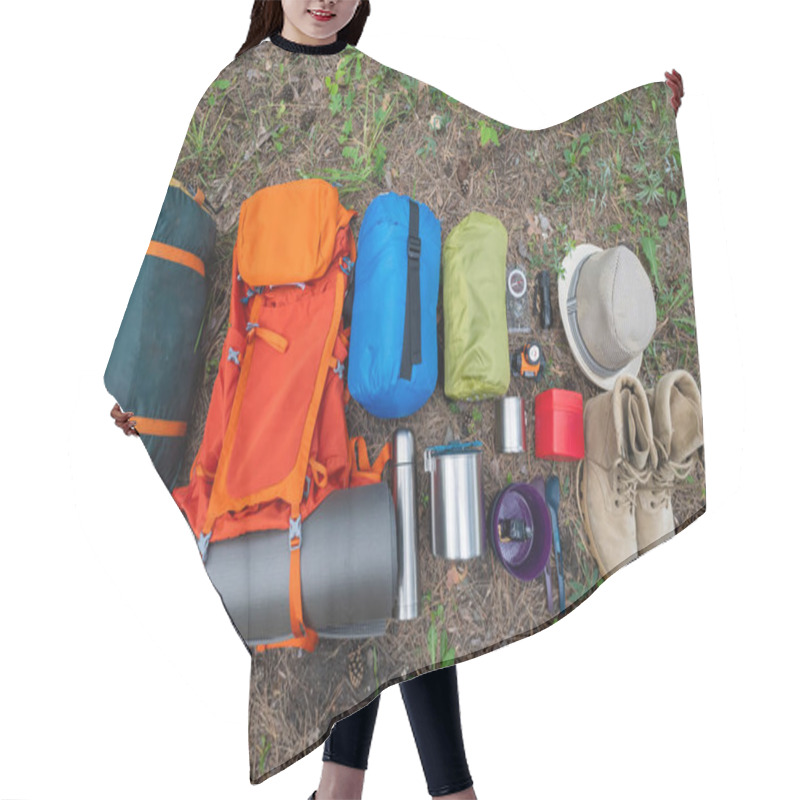 Personality  Hiking Equipment. View From Above. Pine Forest. Hair Cutting Cape