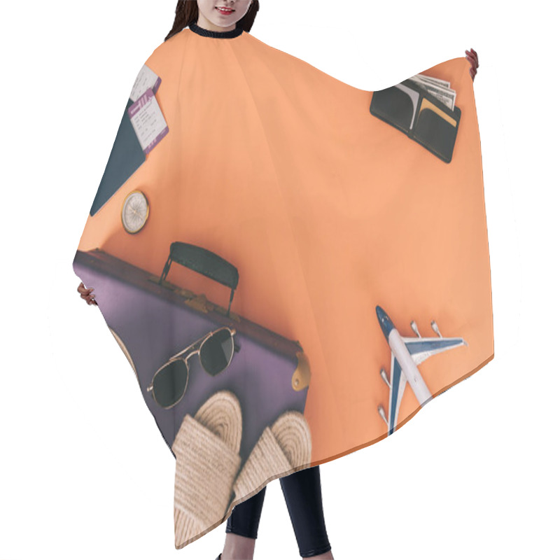 Personality  Top View Of Summer Accessories On Travel Bag, Plane Model, Wallet And Passports With Tickets On Orange Background Hair Cutting Cape