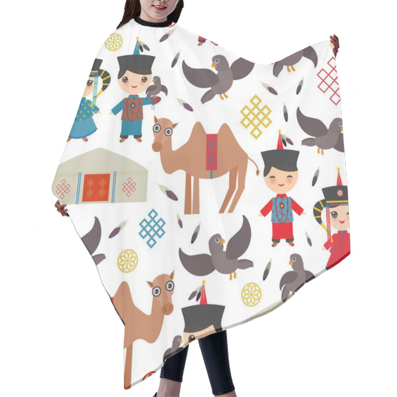 Personality  Seamless Pattern Mongolian Boy And Girl National Costume. Cartoon Children In Traditional Dress. Hunter, Hunting With An Eagle, Camel, Traditional Dwellings, Such As The Yurt And The Tent. Vector Illustration Hair Cutting Cape