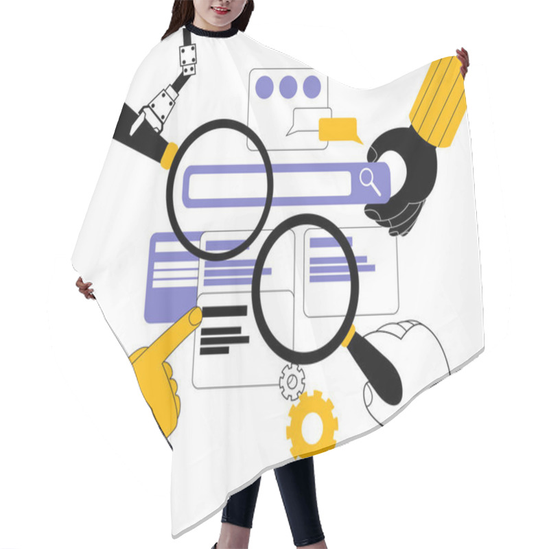 Personality  A Human Hand And A Robotic Arm With Magnifying Glasses Are Looking For Errors In A Mobile Application. Vector Illustration On The Topic Of Mobile Development And Testing. Horizontal Banner. Hair Cutting Cape