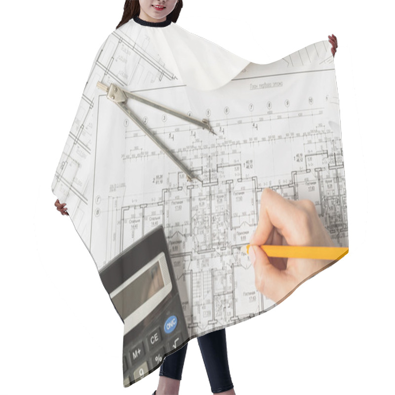 Personality  Architect Working On Blueprint Hair Cutting Cape