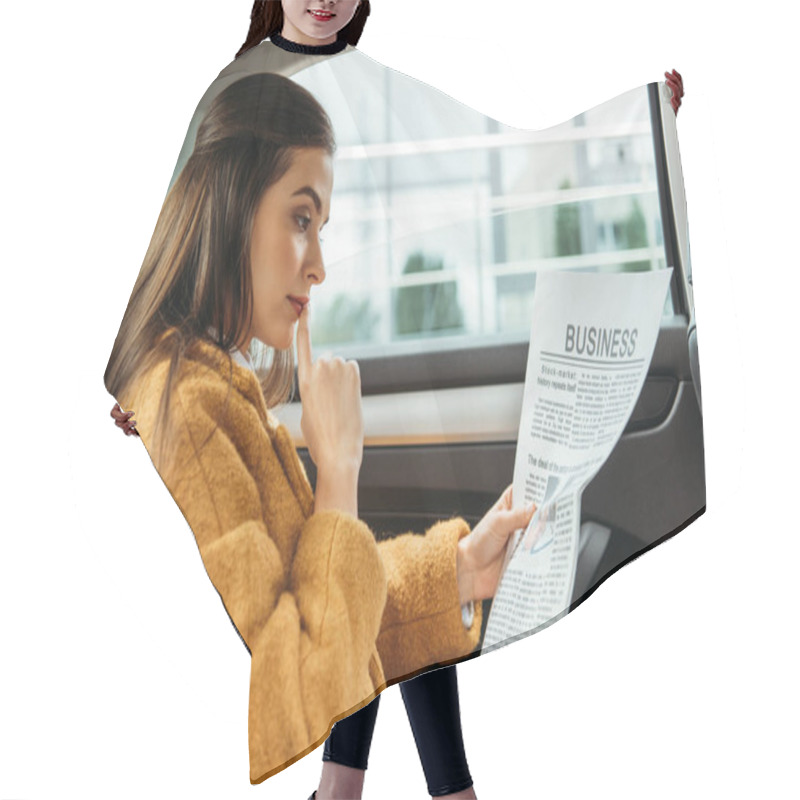 Personality  Pensive Young Woman Reading Newspaper On Back Seat Of Taxi Hair Cutting Cape