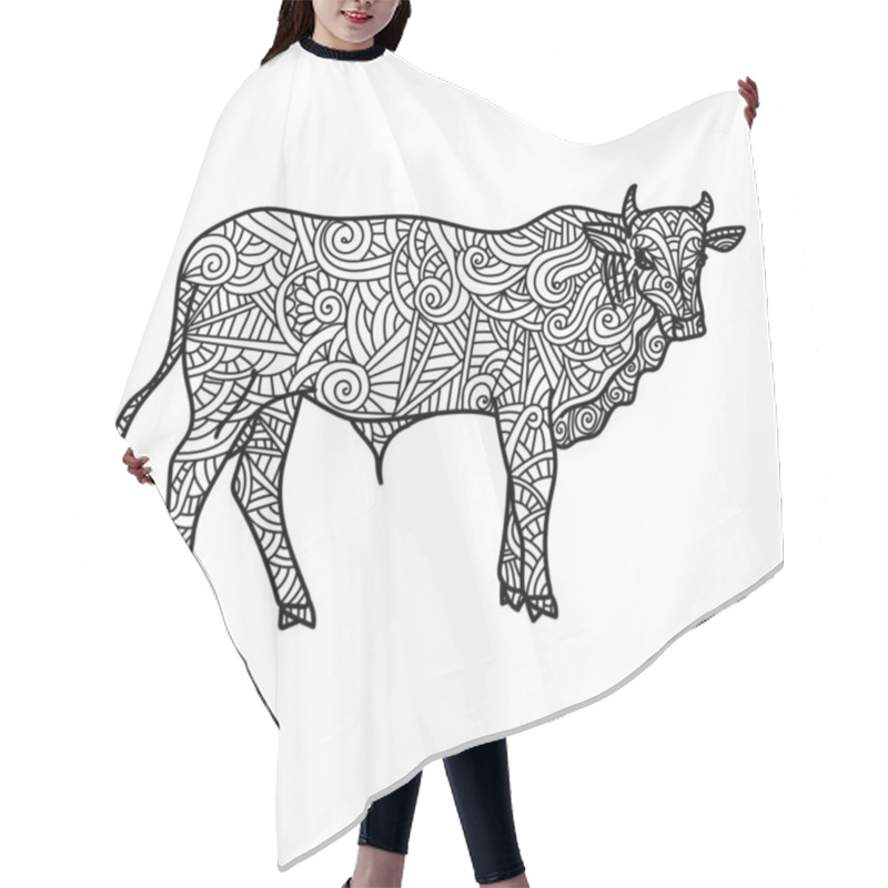 Personality  Symbol Of The Year Of The Ox On The Eastern Calendar, New Year, Anti-stress Coloring Page With Animal And Ornate Zen Patterns, Vector Outline Illustration For Creativity Hair Cutting Cape