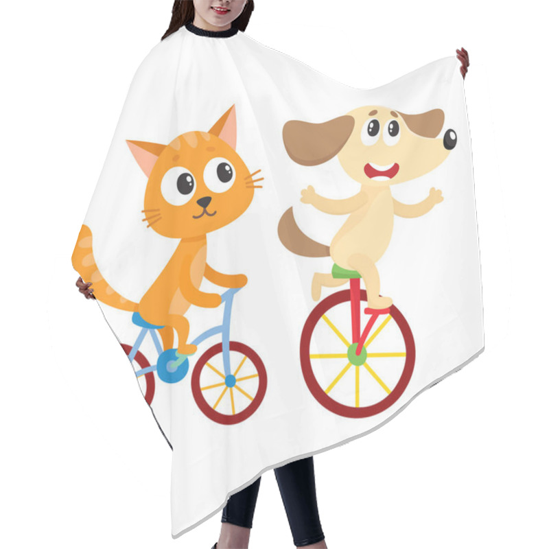 Personality  Cute Little Dog And Cat, Kitten Characters Riding Bicycles Together Hair Cutting Cape