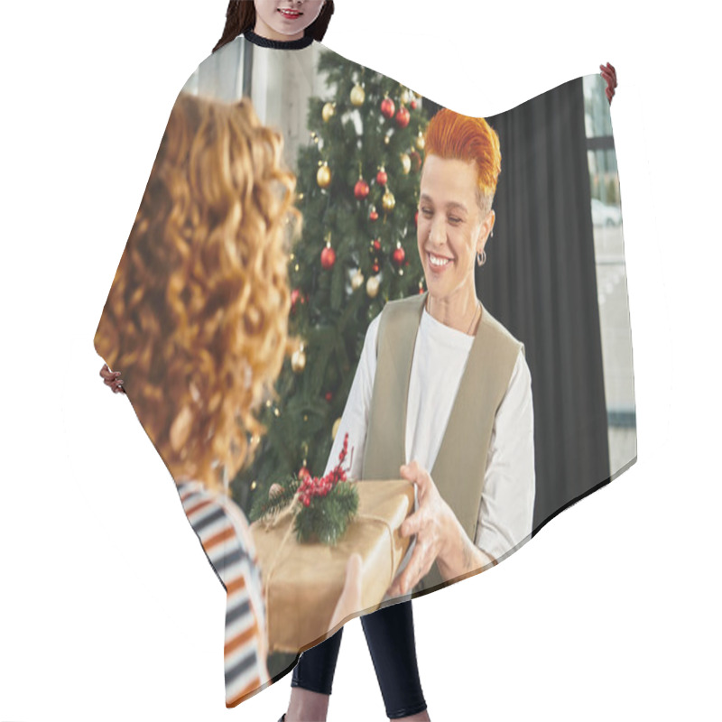 Personality  Celebrating The Holiday Spirit, Coworkers Delight In Exchanging Gifts And Festive Cheer. Hair Cutting Cape