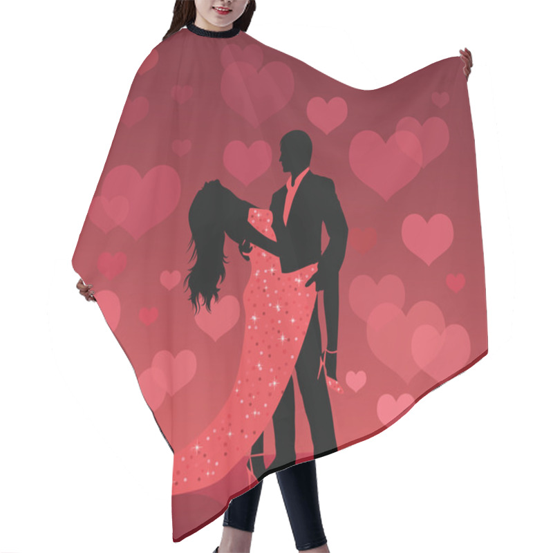 Personality  Silhouette Of A Man And A Woman Dancing On A Red Background With Defocused Hearts. Hair Cutting Cape