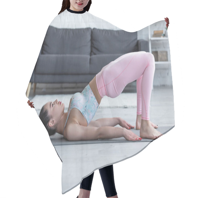 Personality  Side View Of Barefoot Woman Practicing Bridge Pose On Yoga Mat Hair Cutting Cape