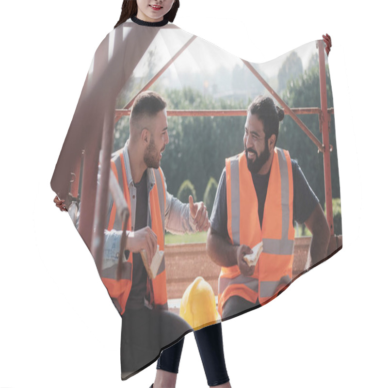 Personality  Happy Workers In Construction Site During Lunch Break Hair Cutting Cape