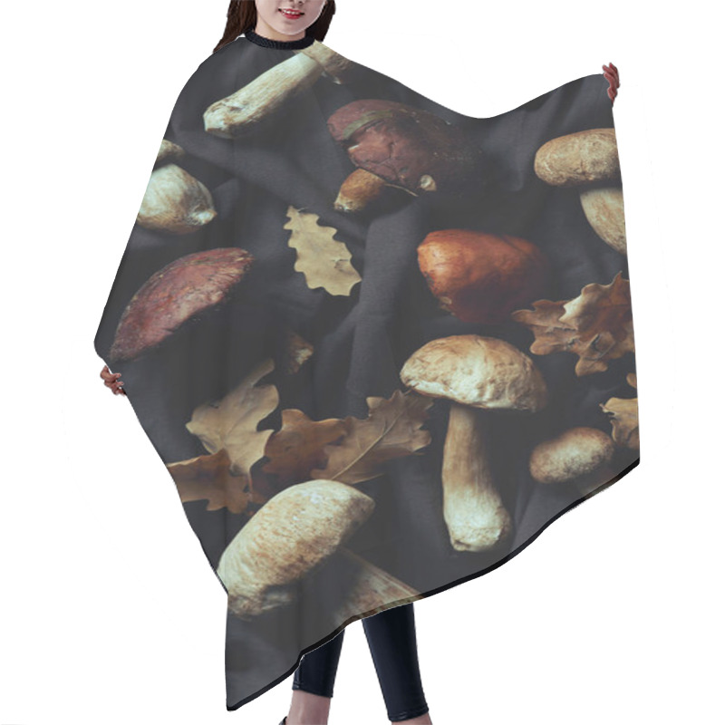 Personality  Top View Of Various Raw Edible Mushrooms And Dry Leaves On Black Fabric Hair Cutting Cape