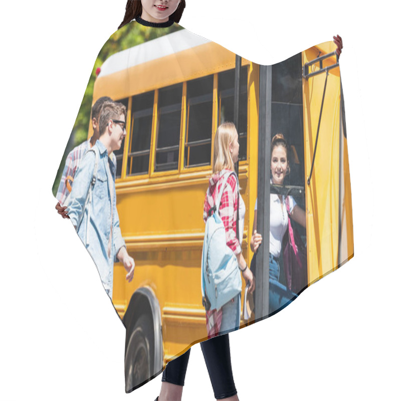 Personality  Group Of Happy Teen Scholars Entering School Bus After Lessons Hair Cutting Cape