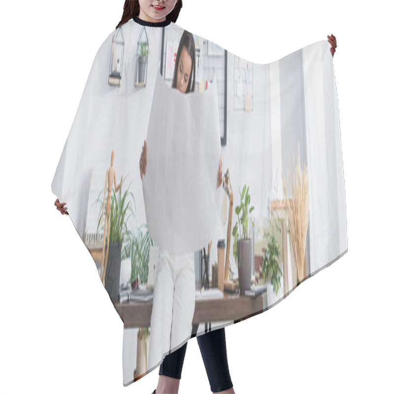 Personality  African American Interior Designer Holding Project While Standing At Work Desk, Banner Hair Cutting Cape