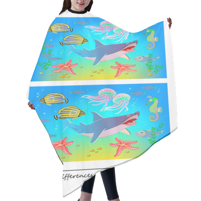 Personality  Find 8 Differences. Logic Puzzle Game For Children And Adults. Printable Page For Kids Brain Teaser Book. Illustration Of A Shark And Underwater Sea Life. Developing Counting Skills. IQ Test. Hair Cutting Cape