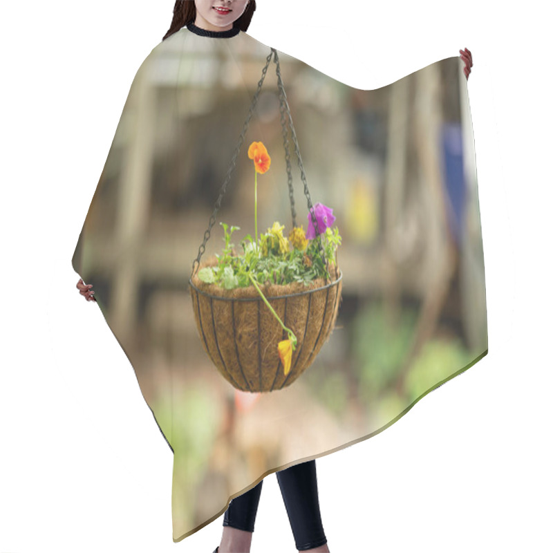 Personality  Hanging Pot With Flowers On A Natural Background Hair Cutting Cape