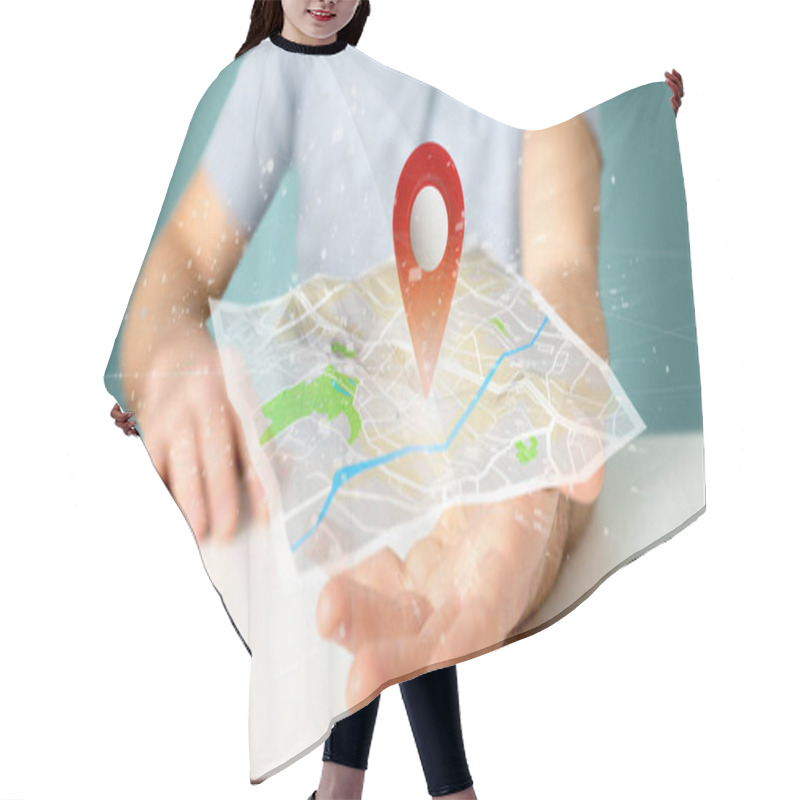 Personality  Man Holding A 3d Rendering Pin Holder On A Map Hair Cutting Cape