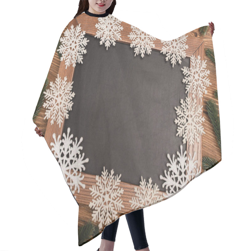 Personality  Top View Of Winter Snowflakes On Chalkboard On Wooden Background Hair Cutting Cape