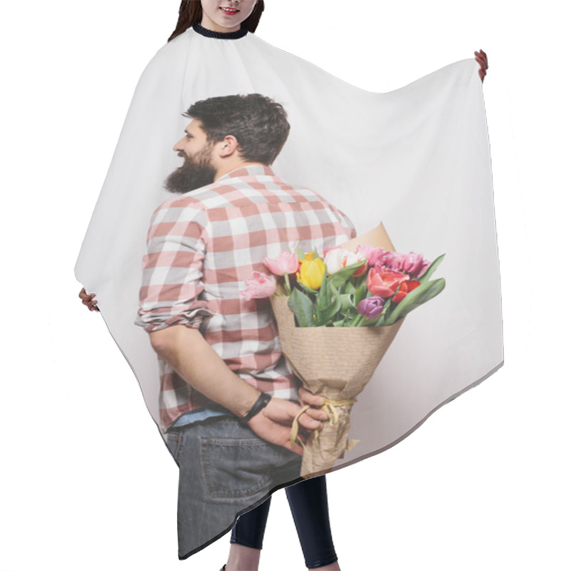 Personality  Back Side Of Handsome Young Man With Beard  And Nice Bouquet Of Flowers Against White Background Hair Cutting Cape