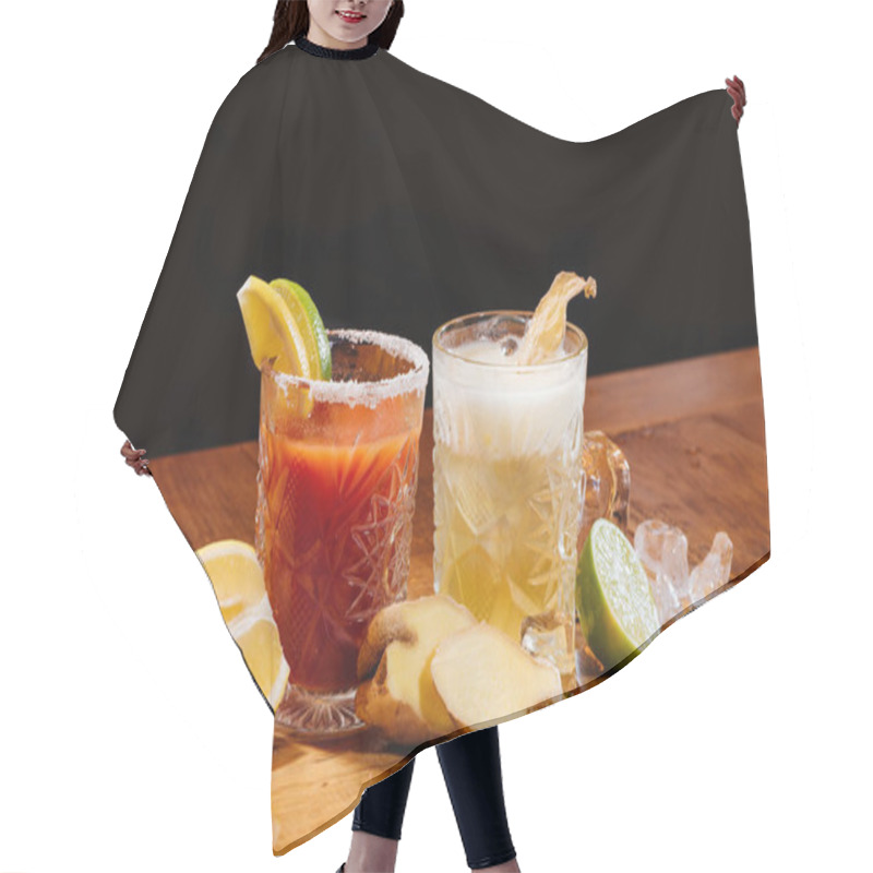 Personality  Glasses With Counter Alcoholic Cocktails On Wooden Table, Bloody Mary And Ginger Nail Cocktails Hair Cutting Cape