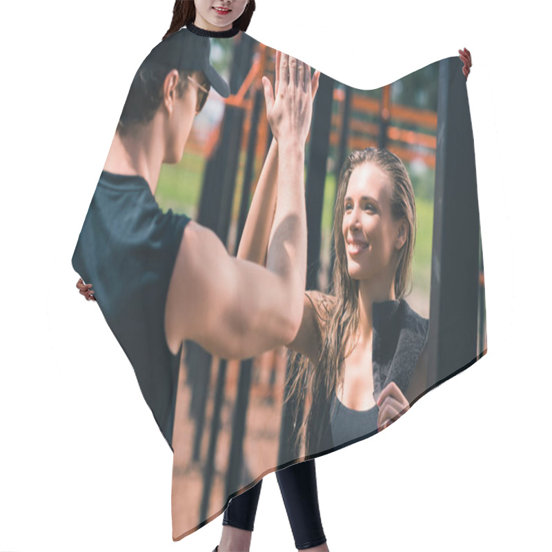 Personality  Woman Giving High Five To Trainer Hair Cutting Cape