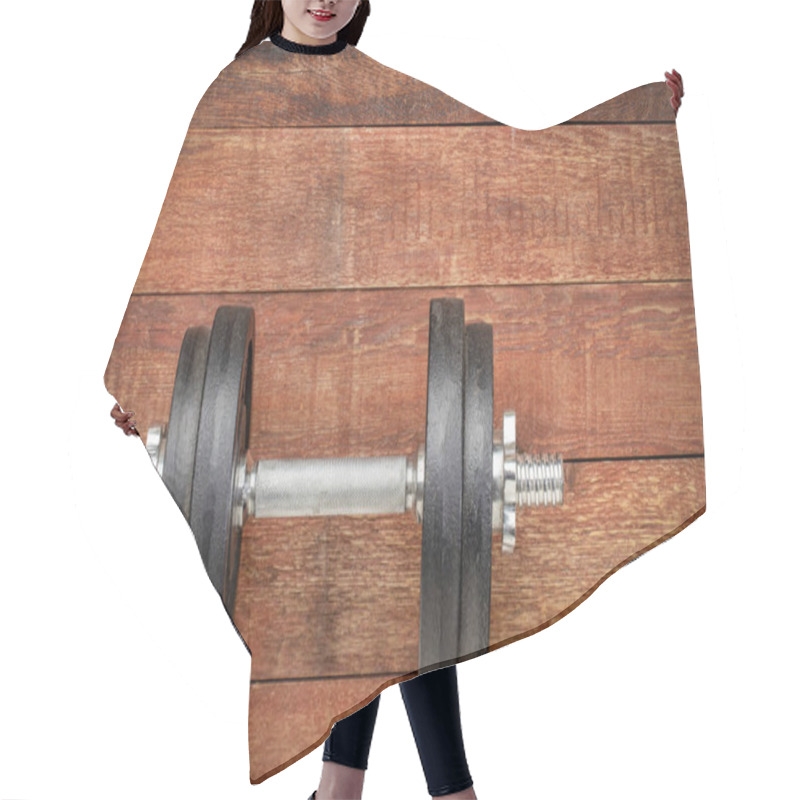 Personality  Heavy Iron Dumbbell On A Rustic Wood Background - Fitness Concept Hair Cutting Cape