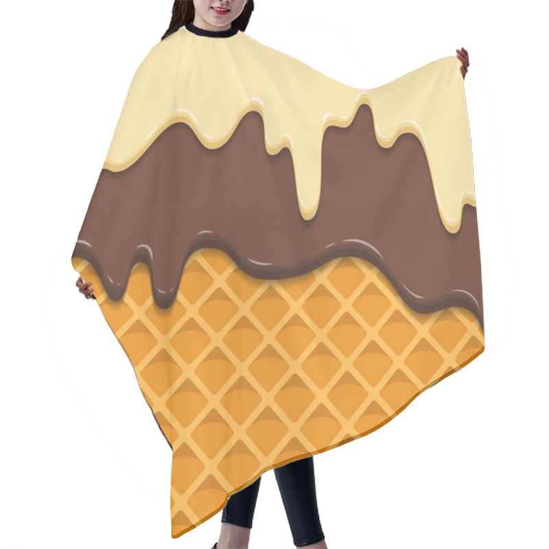 Personality  Pattern Waffle Texture Melts Frosting Ice Cream Dripping. Glossy Streaks Chocolate Vanilla Cream Crispy Cone. Cartoon Picture For Web, Advertising, Banner, Business Card. Vector Illustration. Hair Cutting Cape