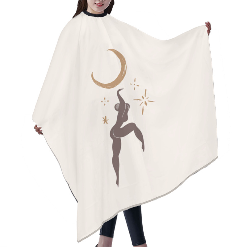 Personality  Silhouette Of Beautiful Young Dancind Witch Silhouette With Moon And Stars. Woman Power, Feminism Print. Girl Freedom Concept. Vector Illustration. Clipart Hair Cutting Cape