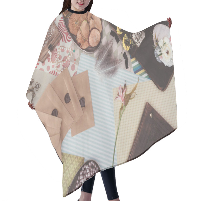 Personality  Top View Of Retro Objects Over Pack Paper Background Hair Cutting Cape