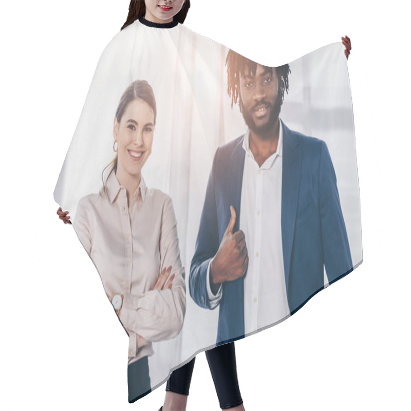 Personality  Front View Of African American Employer With Like Sigh And Recruiter With Crossed Arms Smiling And Looking At Camera   Hair Cutting Cape