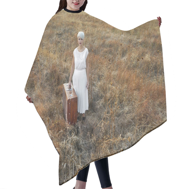 Personality  Lonely Woman With A Suitcase Walking In The Field An Autumn Day. Hair Cutting Cape