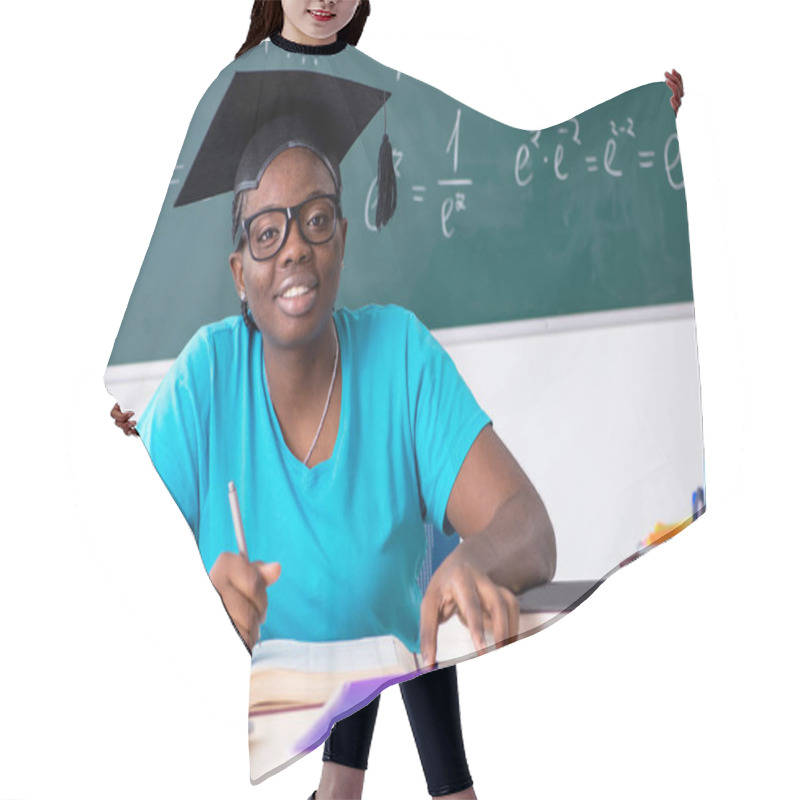 Personality  Black Female Student In Front Of Chalkboard   Hair Cutting Cape