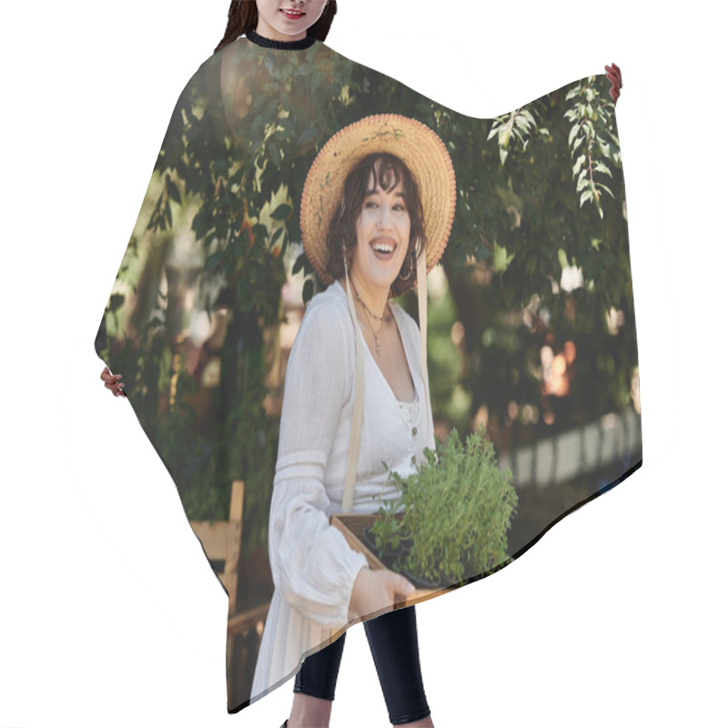 Personality  A Young Woman In A White Dress And Straw Hat Smiles Brightly While Carrying A Tray Of Fresh Herbs In A Lush Summer Garden. Hair Cutting Cape