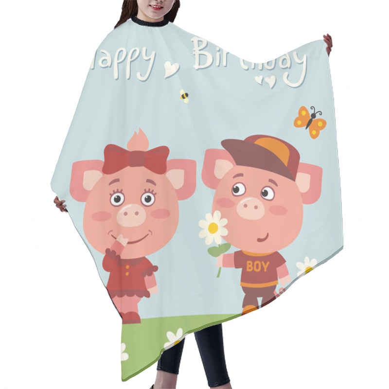 Personality  Greeting Card With Cute Funny Cartoon Characters Of Funny Pig Boy Giving Flower To Pig Girl On Meadow And Text Happy Birthday Hair Cutting Cape