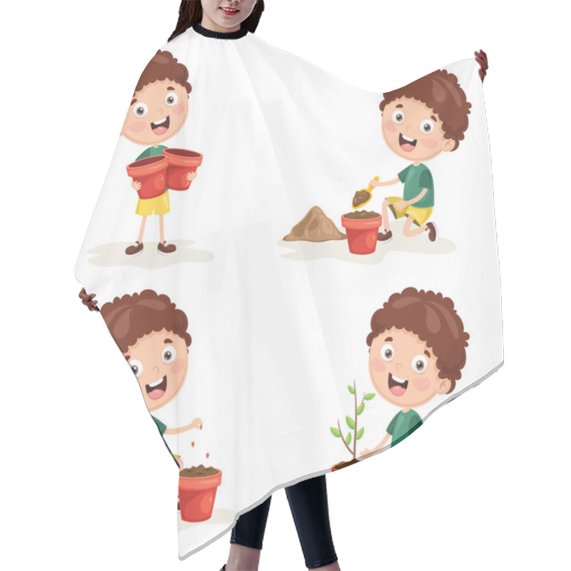 Personality  Vector Illustration Of Kid Planting Hair Cutting Cape