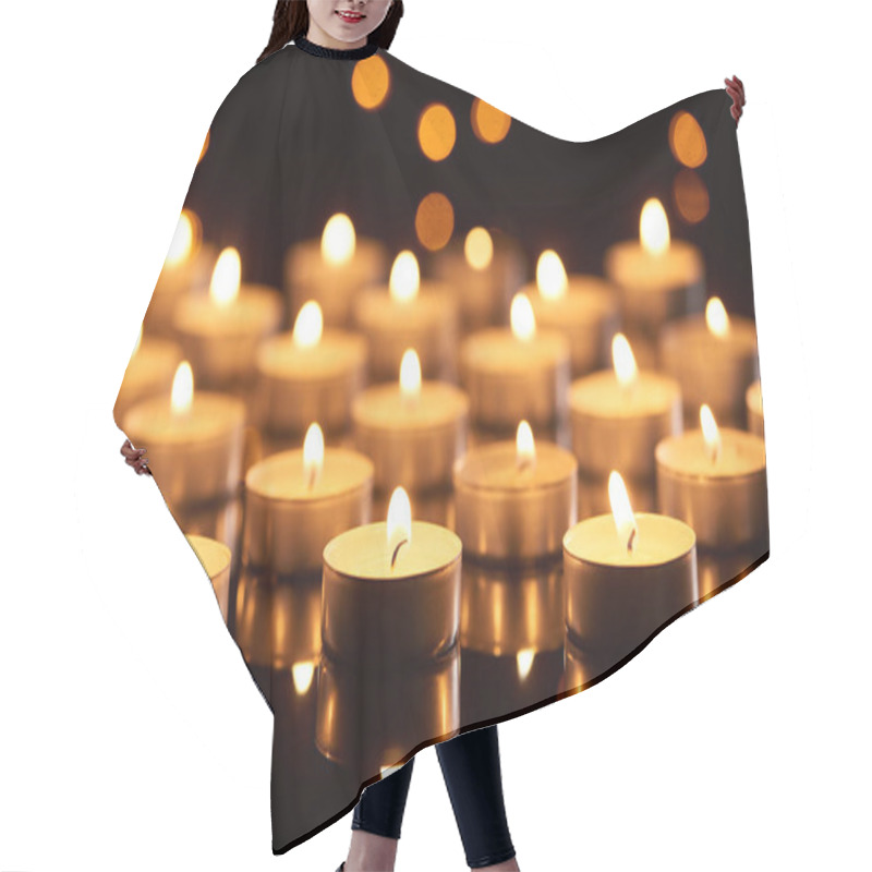 Personality  Selective Focus Of Burning Candles Glowing In Darkness With Bokeh Lights Hair Cutting Cape