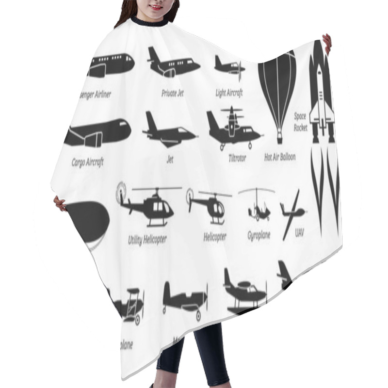 Personality  List Of Different Airplane, Aircraft, Aeroplane, Plane And Aviation Icons. Artwork Show Airliner, Jet, Light Aircraft, Cargo Plane, Airship, Helicopter, Space Rocket, Biplane, Monoplane, And Seaplane. Hair Cutting Cape