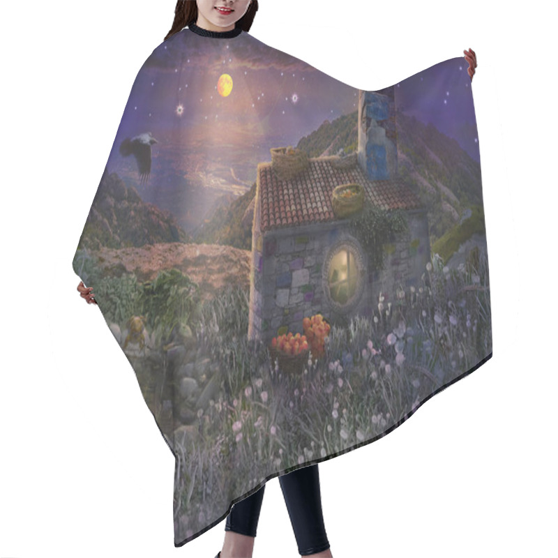 Personality  Fairy Stone House With Nests On Roof And Pond With Frogs In Magical Forest Of Starry Night With Bright Moon In Sky. Hair Cutting Cape