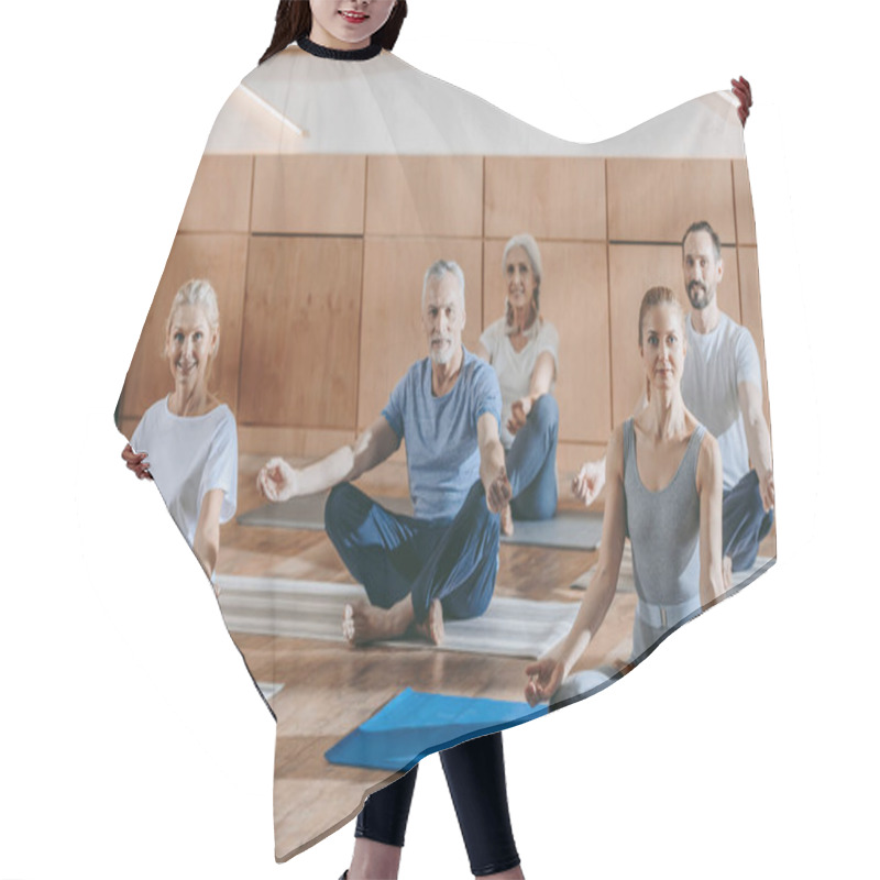 Personality  Happy Senior People With Instructor Sitting In Lotus Position On Yoga Mats  Hair Cutting Cape