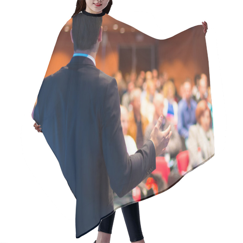 Personality  Speaker At Business Conference And Presentation. Hair Cutting Cape