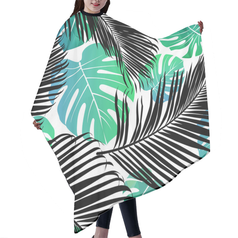 Personality  Seamless Repeating Pattern With Silhouettes Of Palm Tree Leaves In Black On White Background.  Hair Cutting Cape