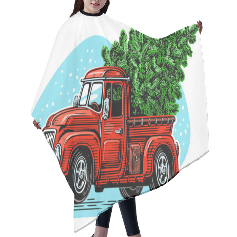 Personality  Christmas Red Retro Truck With Green Pine Tree. Happy Holidays Vector Illustration Hair Cutting Cape