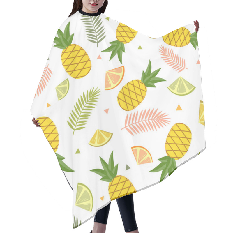 Personality  A Tropical Pattern On A White Background Of Fruit, Pineapple, Lemon, Lime And Palm Leaves. Color Vector Illustration. Design, Decoration, Texture, Print, Wallpaper, Textiles. Hair Cutting Cape