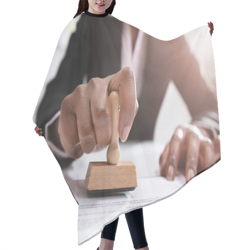 Personality  Close-up Of Businesswoman Putting Stamp On Documents In The Office Hair Cutting Cape