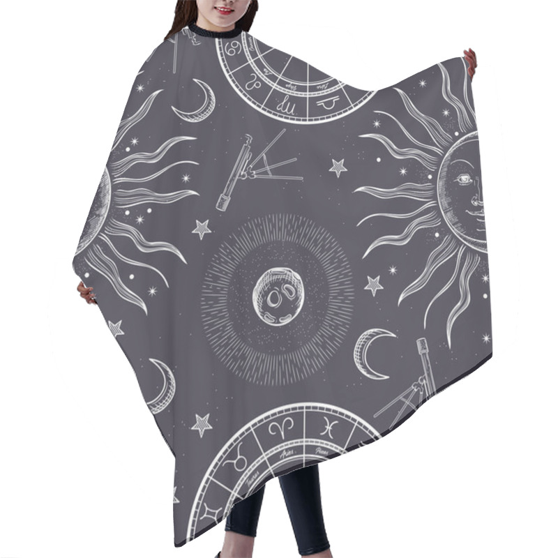 Personality  Seamless Pattern. The Face Of The Sun And Moon. Retro Illustration. Hair Cutting Cape