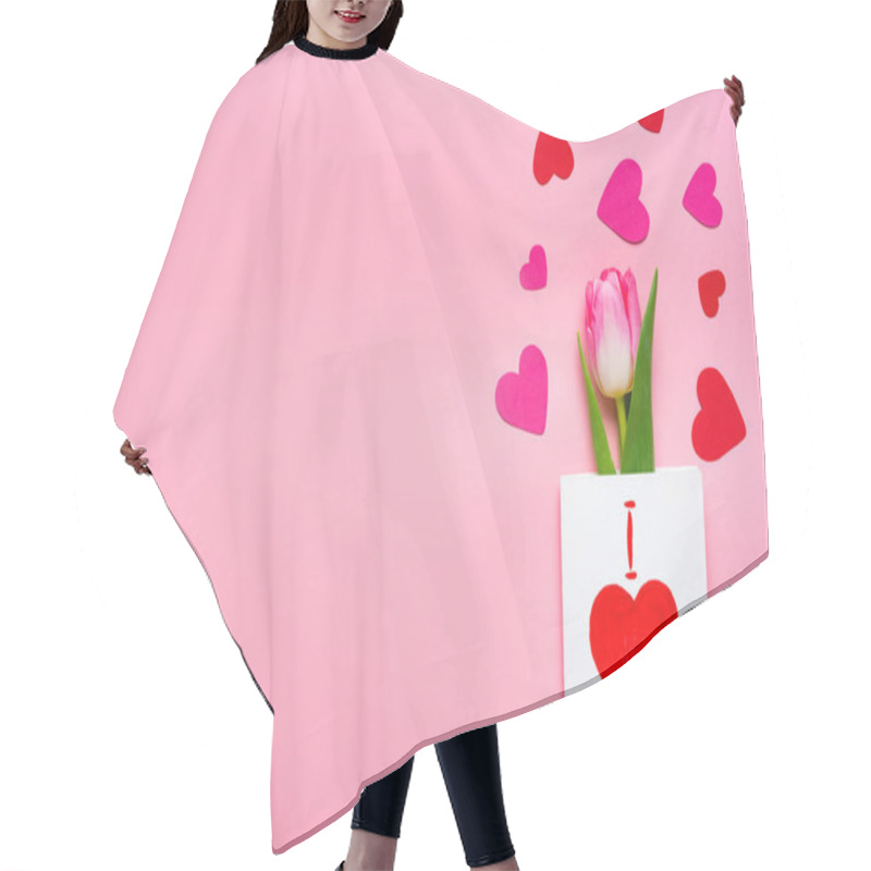 Personality  Top View Of Greeting Card With I Love Mom Lettering, Tulip And Paper Hearts On Pink Background Hair Cutting Cape