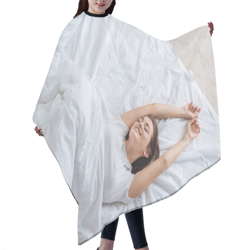 Personality  Top View Of Positive Young Woman With Closed Eyes Resting In Bed  Hair Cutting Cape