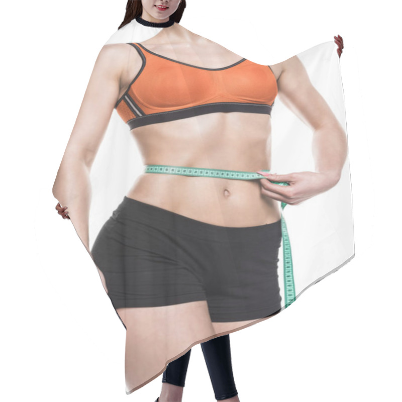 Personality  Sportswoman Measuring Her Waistline Hair Cutting Cape