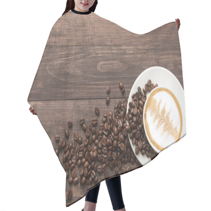 Personality  Coffee Cup And Coffee Beans On Wooden Background. Top View Hair Cutting Cape