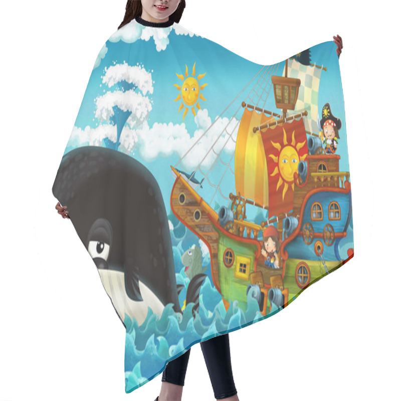 Personality  Cartoon Scene With Pirate Ship Sailing Through The Seas With Happy Pirates Meeting Swimming Whale - Illustration For Children Hair Cutting Cape