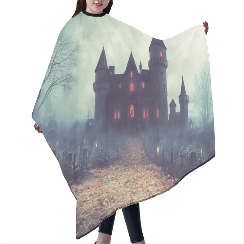 Personality  3D Illustration Horror Castle Background With Graveyard In Halloween Night. Digital Art Background. Hair Cutting Cape